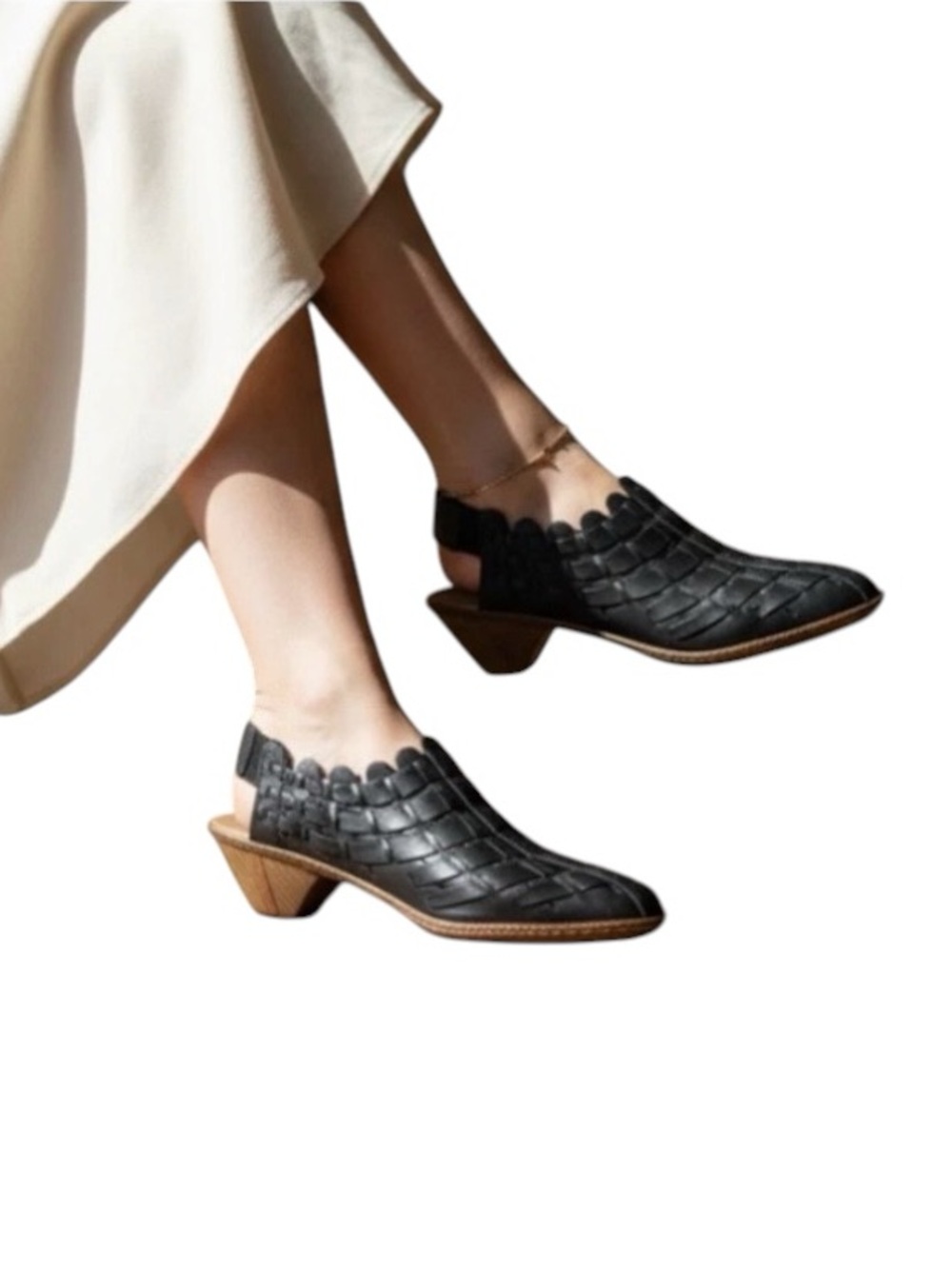 Rieker Sina 78 Black Leather Woven Slingback Low Heel Shoes Scalloped Size 41/10